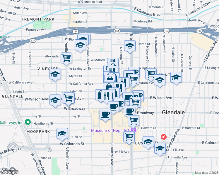 map of restaurants, bars, coffee shops, grocery stores, and more near 303 Salem Street in Glendale