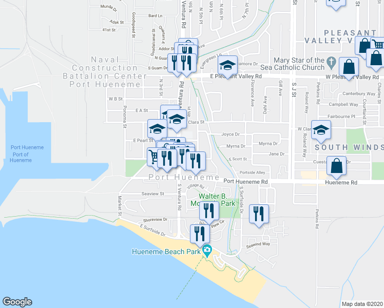 map of restaurants, bars, coffee shops, grocery stores, and more near 445 East Scott Street in Port Hueneme