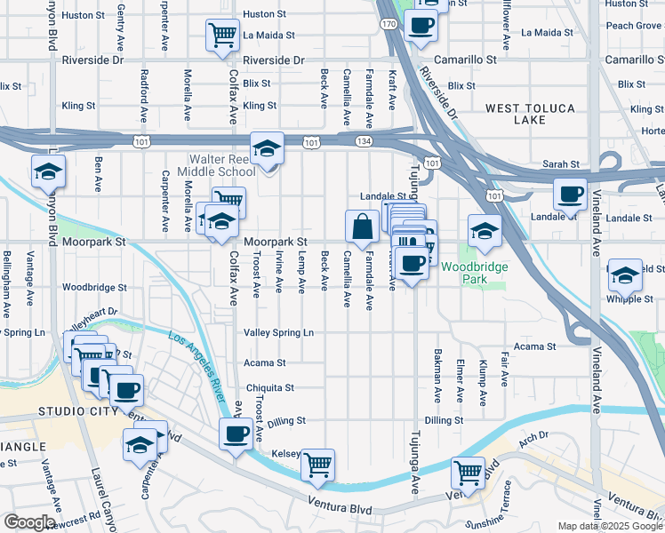map of restaurants, bars, coffee shops, grocery stores, and more near 4370 Beck Avenue in Los Angeles
