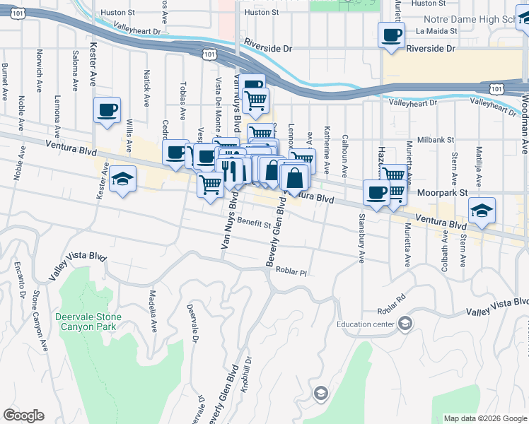 map of restaurants, bars, coffee shops, grocery stores, and more near 14435 Benefit Street in Los Angeles