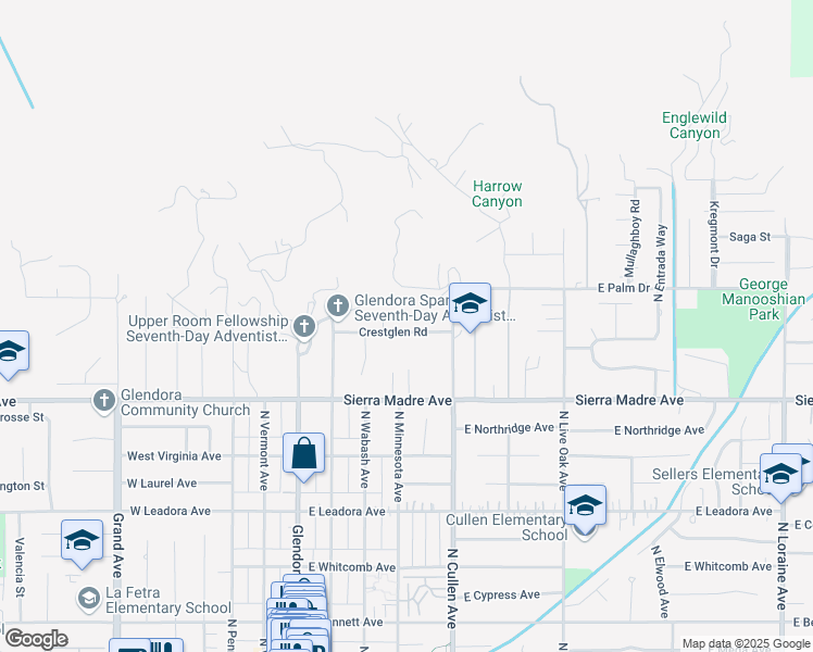 map of restaurants, bars, coffee shops, grocery stores, and more near 409 Crestglen Road in Glendora