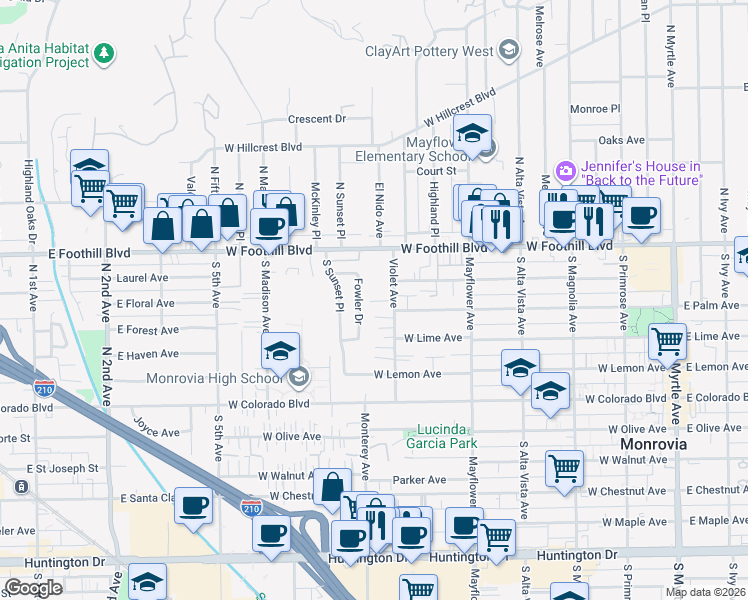 map of restaurants, bars, coffee shops, grocery stores, and more near 221 Violet Avenue in Monrovia