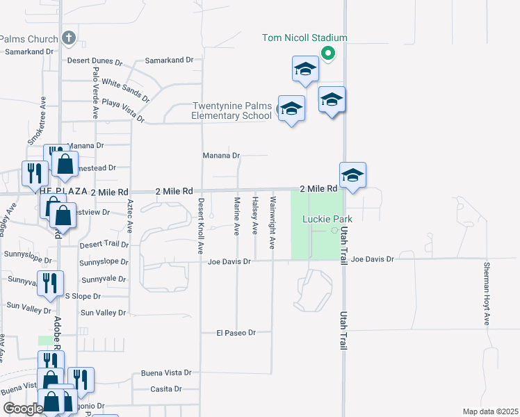 map of restaurants, bars, coffee shops, grocery stores, and more near 5749 Halsey Avenue in Twentynine Palms