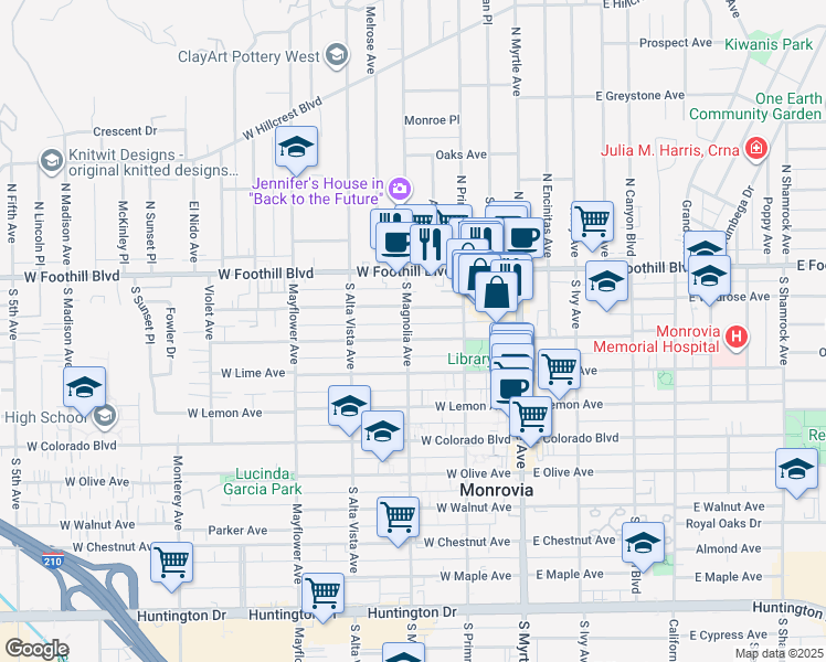 map of restaurants, bars, coffee shops, grocery stores, and more near 244 West Palm Avenue in Monrovia