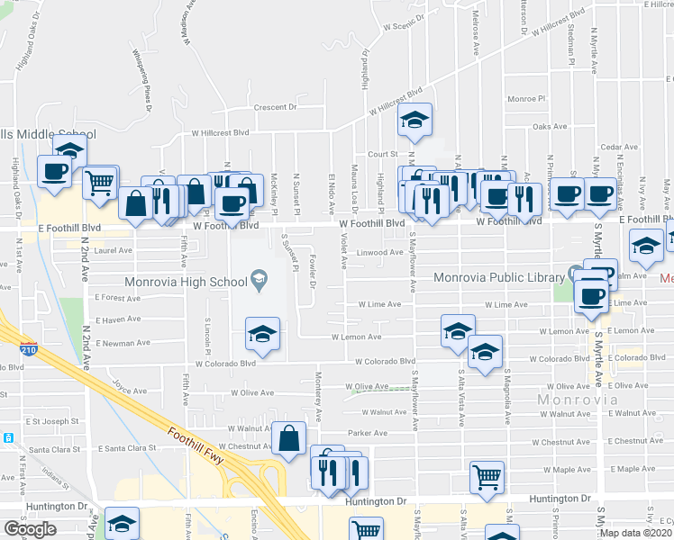 map of restaurants, bars, coffee shops, grocery stores, and more near 245 Violet Avenue in Monrovia
