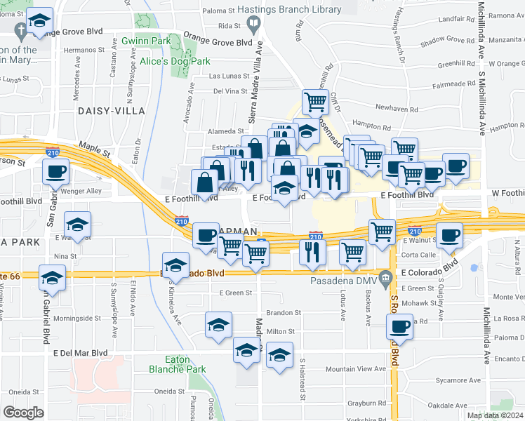 map of restaurants, bars, coffee shops, grocery stores, and more near in Pasadena