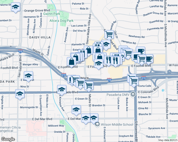 map of restaurants, bars, coffee shops, grocery stores, and more near in Pasadena