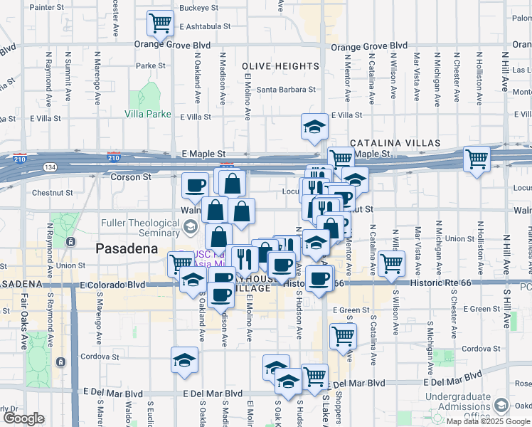 map of restaurants, bars, coffee shops, grocery stores, and more near 178 North Oak Knoll Avenue in Pasadena
