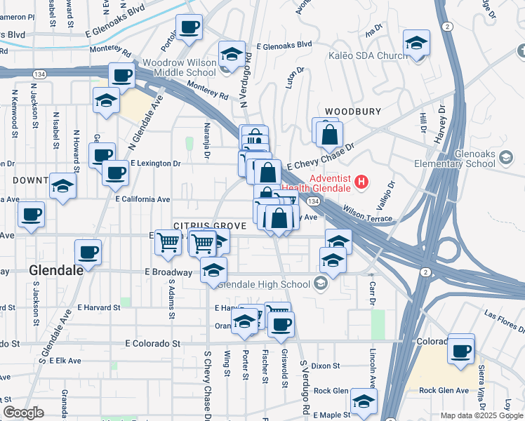 map of restaurants, bars, coffee shops, grocery stores, and more near 1332 Stanley Avenue in Glendale