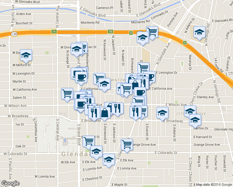 map of restaurants, bars, coffee shops, grocery stores, and more near 225 North Isabel Street in Glendale