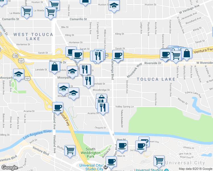 map of restaurants, bars, coffee shops, grocery stores, and more near in Los Angeles