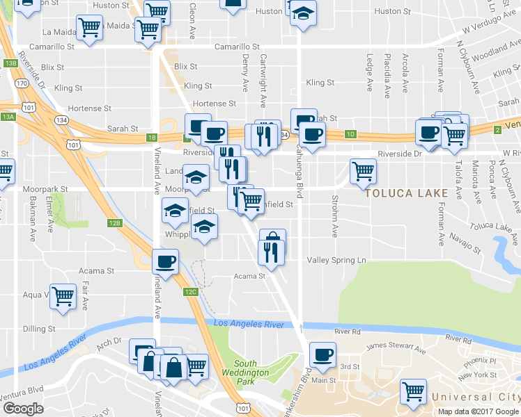 map of restaurants, bars, coffee shops, grocery stores, and more near 10657 Woodbridge Street in Los Angeles