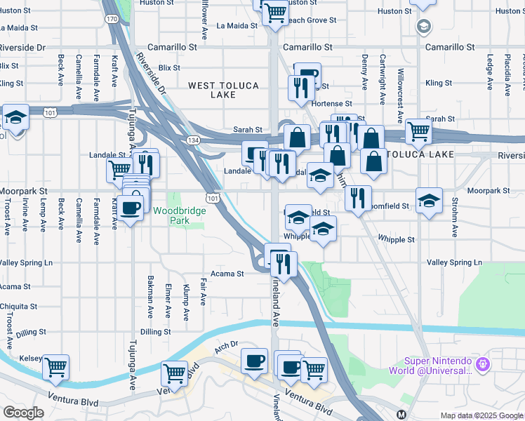 map of restaurants, bars, coffee shops, grocery stores, and more near 4335 Vineland Avenue in Los Angeles