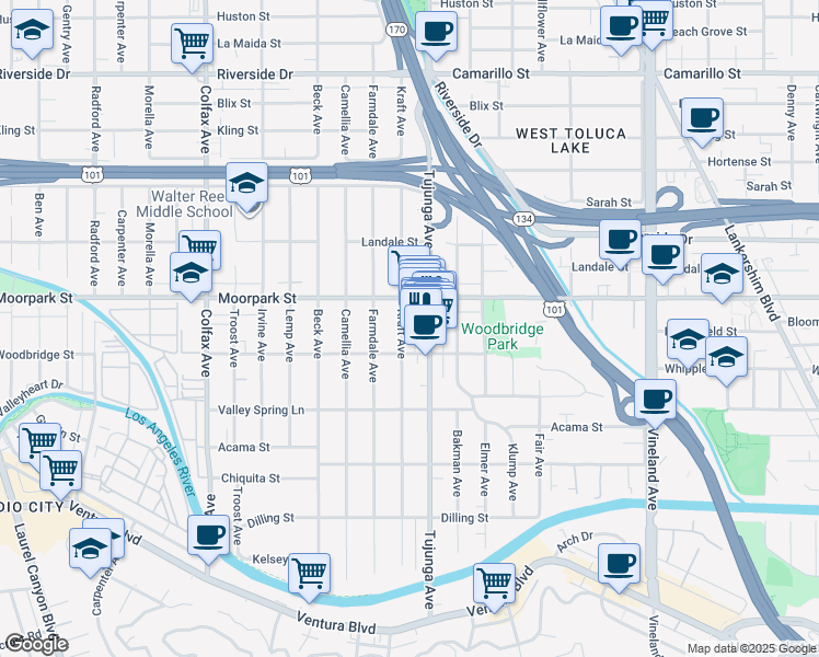map of restaurants, bars, coffee shops, grocery stores, and more near 4356 Kraft Avenue in Los Angeles