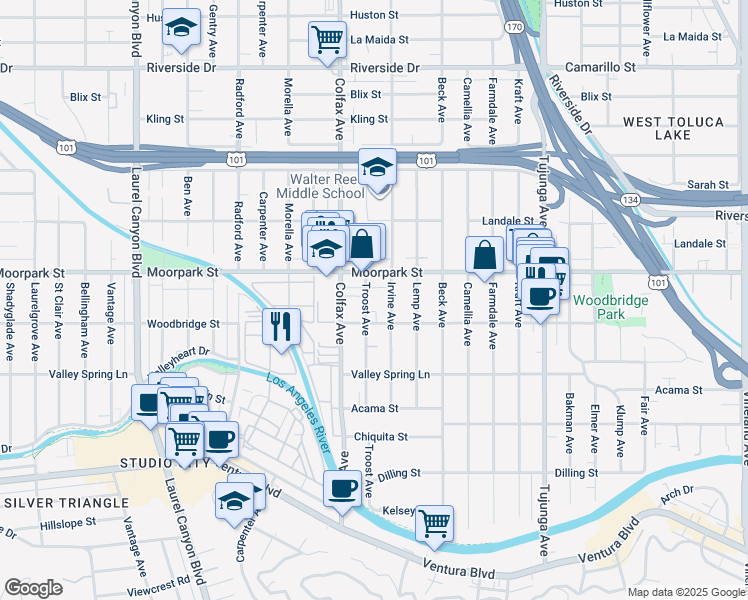 map of restaurants, bars, coffee shops, grocery stores, and more near 4357 Irvine Avenue in Los Angeles