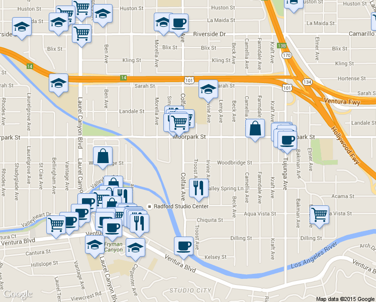 map of restaurants, bars, coffee shops, grocery stores, and more near 4356 Colfax Avenue in Los Angeles
