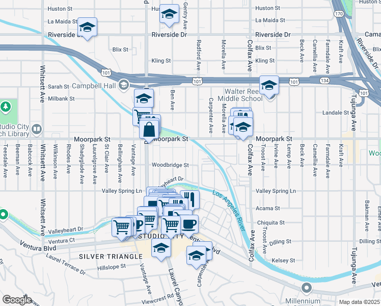 map of restaurants, bars, coffee shops, grocery stores, and more near 4313 Gentry Avenue in Los Angeles