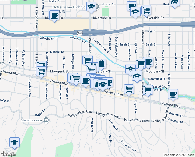 map of restaurants, bars, coffee shops, grocery stores, and more near 4346 Ventura Canyon Avenue in Los Angeles