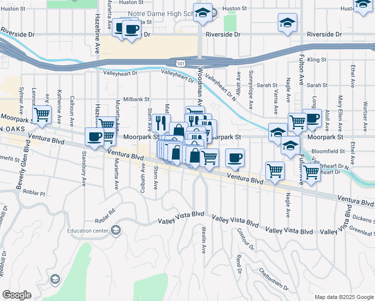 map of restaurants, bars, coffee shops, grocery stores, and more near 4324 Mammoth Avenue in Los Angeles