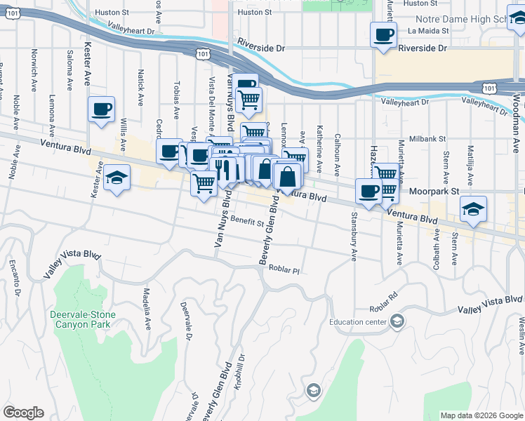 map of restaurants, bars, coffee shops, grocery stores, and more near 14435 Benefit Street in Los Angeles