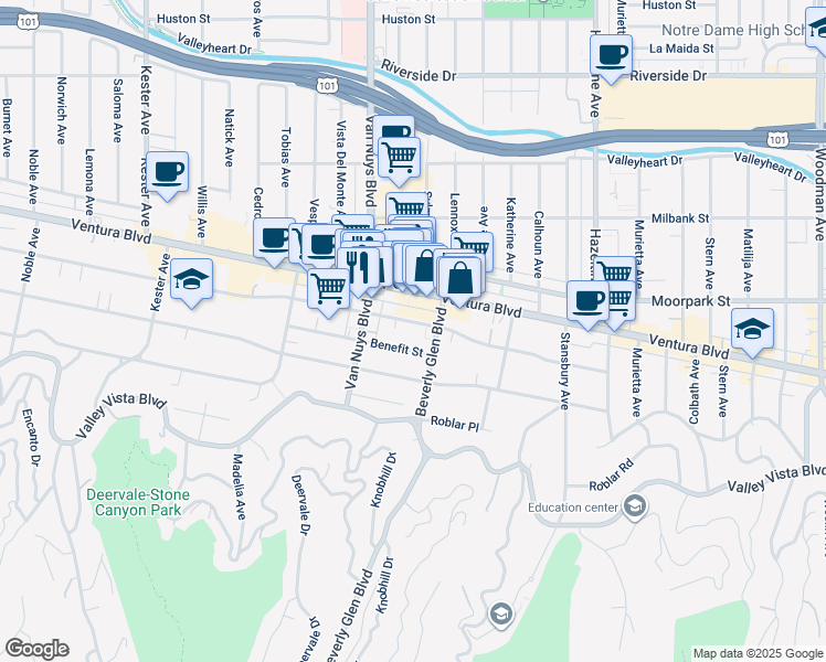 map of restaurants, bars, coffee shops, grocery stores, and more near 14435 Benefit Street in Los Angeles