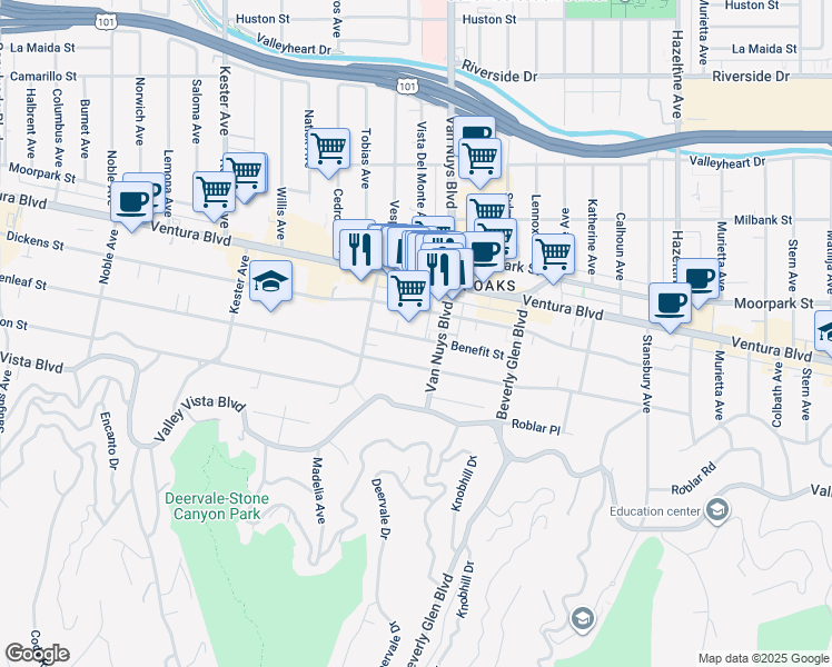 map of restaurants, bars, coffee shops, grocery stores, and more near 14530 Benefit Street in Los Angeles