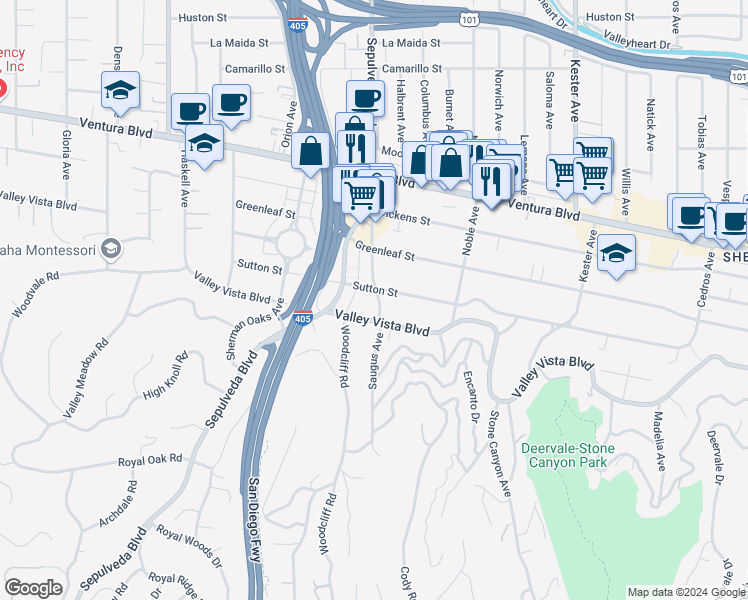 map of restaurants, bars, coffee shops, grocery stores, and more near 4312 Saugus Avenue in Los Angeles