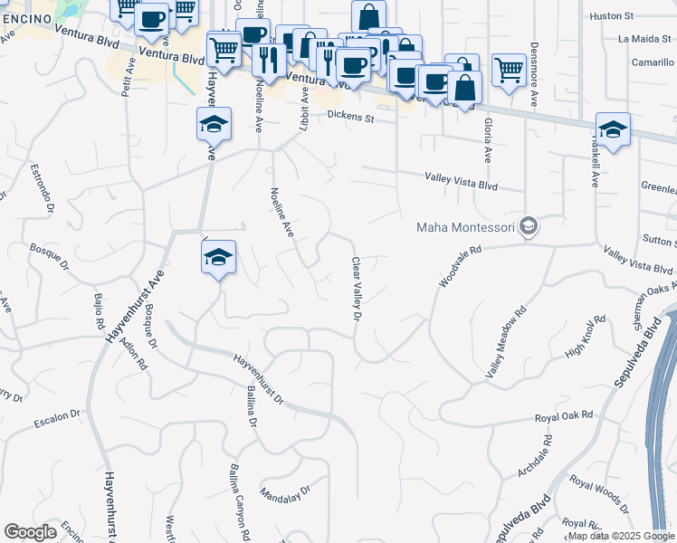 map of restaurants, bars, coffee shops, grocery stores, and more near 16224 Elisa Place in Los Angeles