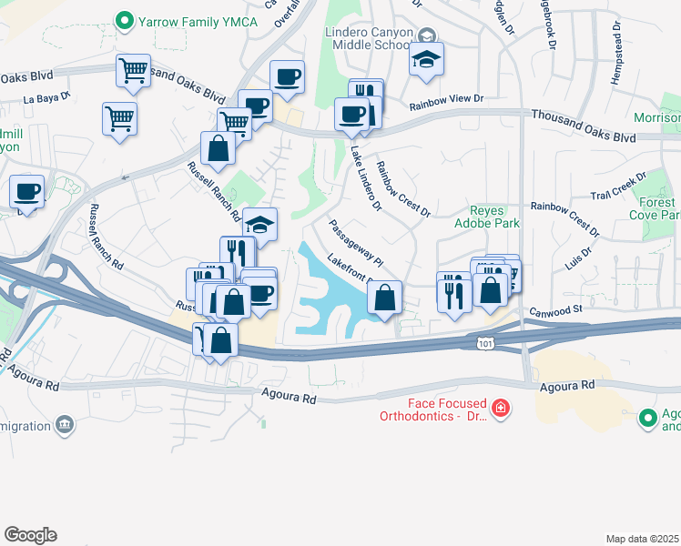 map of restaurants, bars, coffee shops, grocery stores, and more near 30672 Lakefront Drive in Agoura Hills