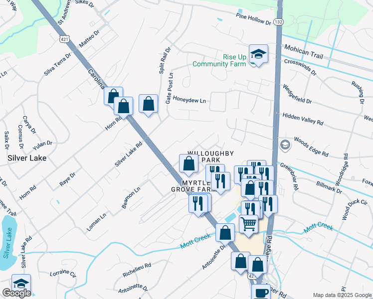 map of restaurants, bars, coffee shops, grocery stores, and more near 5043 Carolina Beach Road in Wilmington