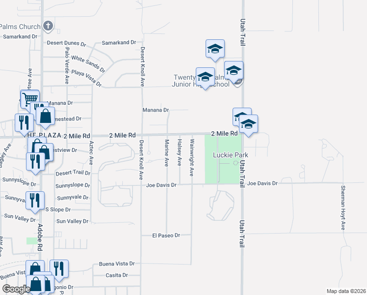 map of restaurants, bars, coffee shops, grocery stores, and more near 5768 Wainwright Avenue in Twentynine Palms