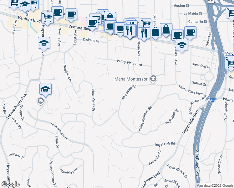map of restaurants, bars, coffee shops, grocery stores, and more near 16021 Woodvale Road in Los Angeles
