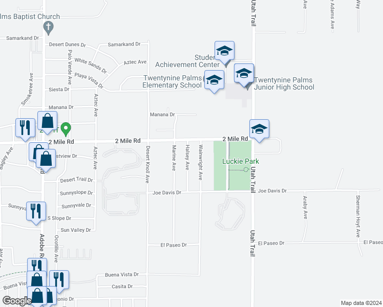 map of restaurants, bars, coffee shops, grocery stores, and more near 5749 Halsey Avenue in Twentynine Palms