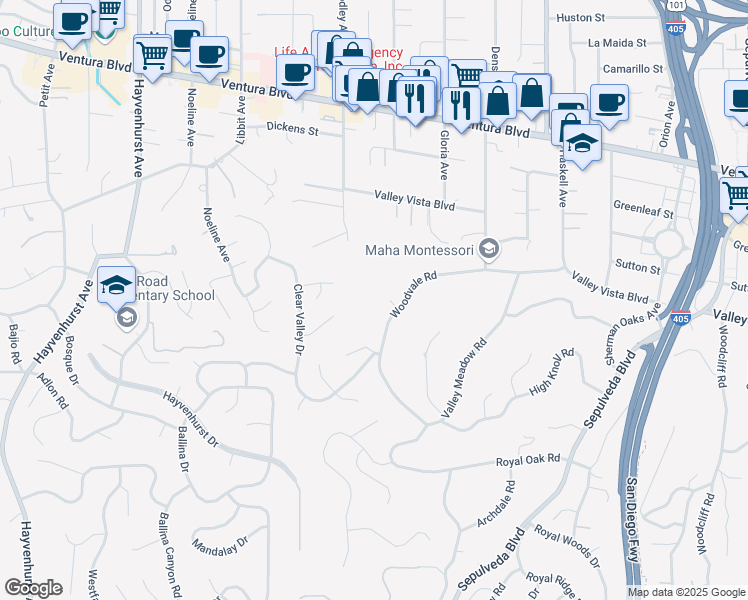map of restaurants, bars, coffee shops, grocery stores, and more near 16001 Woodvale Road in Los Angeles