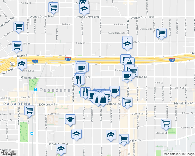 map of restaurants, bars, coffee shops, grocery stores, and more near 630 East Walnut Street in Pasadena