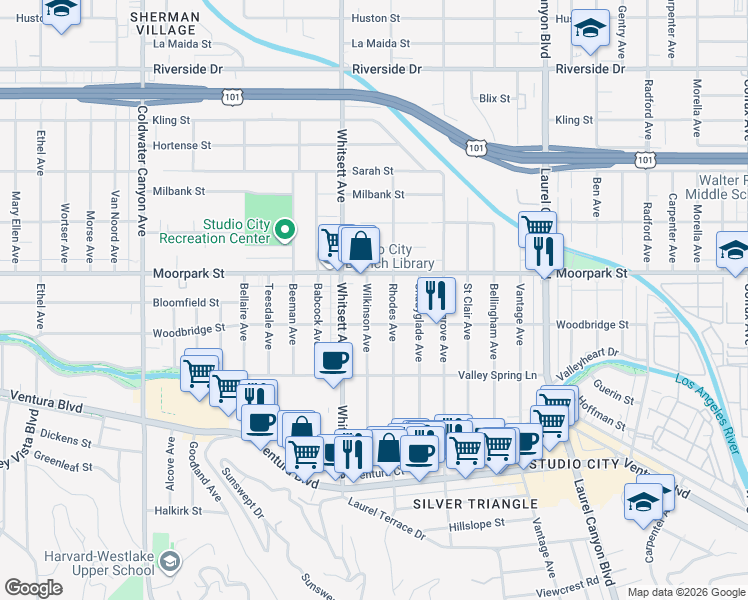 map of restaurants, bars, coffee shops, grocery stores, and more near 4328 Wilkinson Avenue in Los Angeles