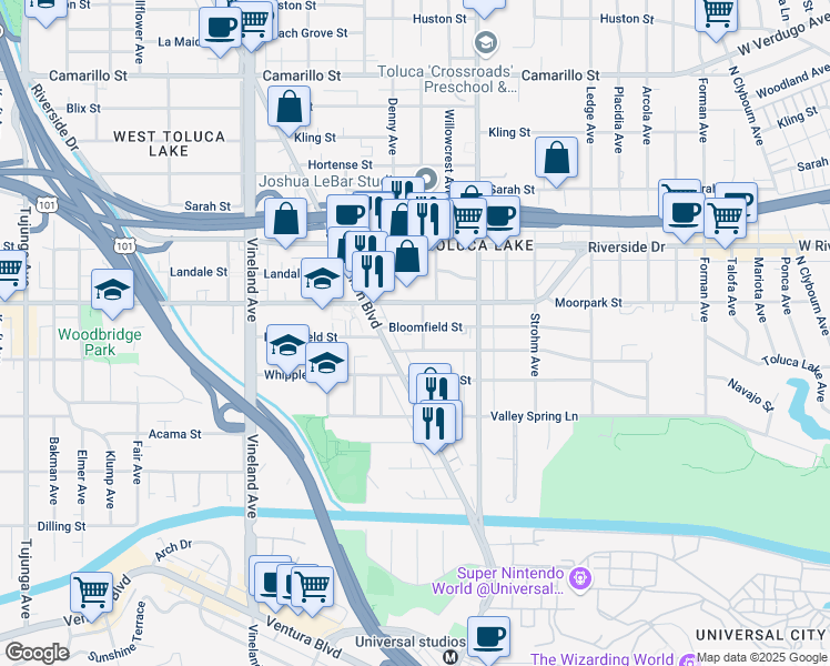map of restaurants, bars, coffee shops, grocery stores, and more near 10700 Bloomfield Street in Los Angeles