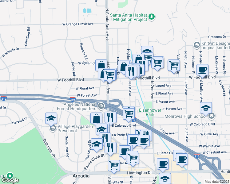 map of restaurants, bars, coffee shops, grocery stores, and more near 2 East Floral Avenue in Arcadia