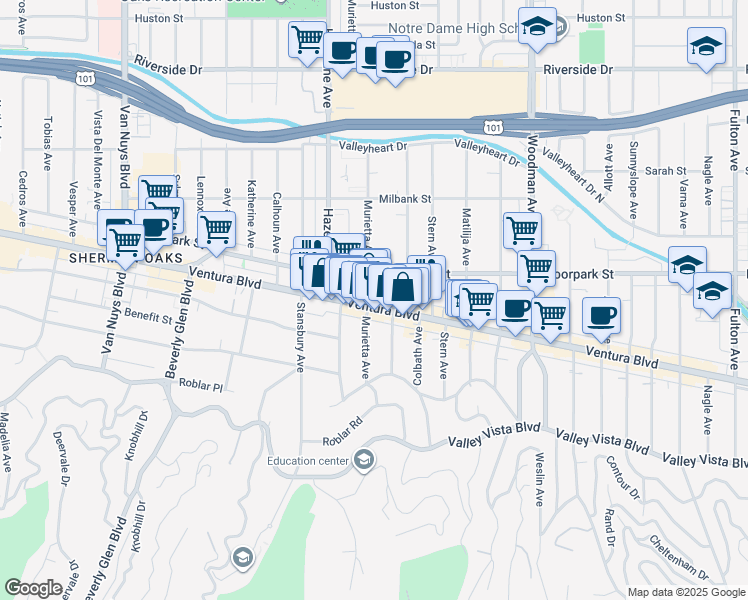 map of restaurants, bars, coffee shops, grocery stores, and more near 14034 Ventura Boulevard in Los Angeles