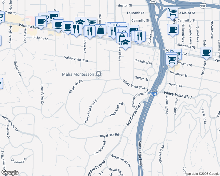 map of restaurants, bars, coffee shops, grocery stores, and more near 15655 Meadowgate Road in Los Angeles