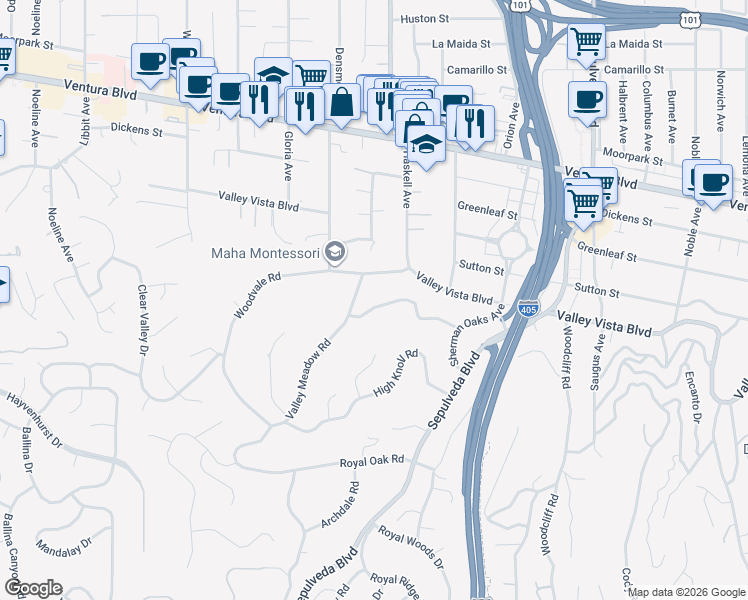 map of restaurants, bars, coffee shops, grocery stores, and more near 15641 Meadowgate Road in Los Angeles