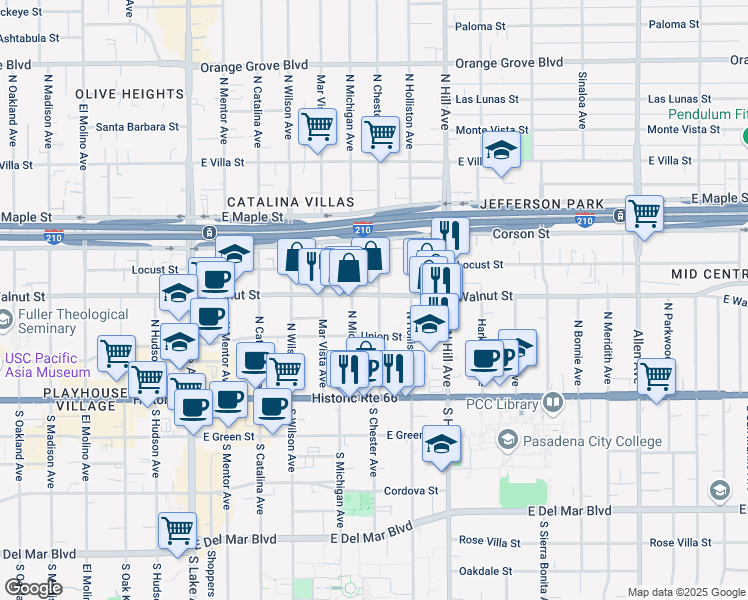 map of restaurants, bars, coffee shops, grocery stores, and more near in Pasadena