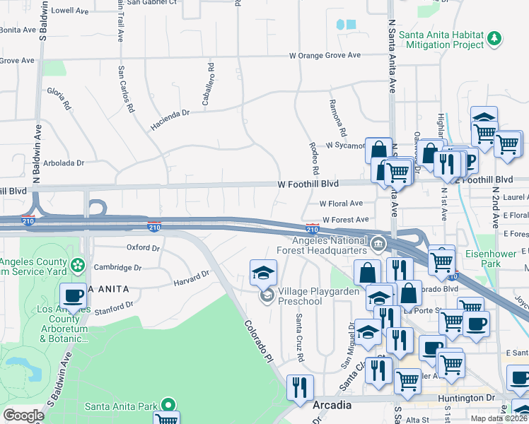 map of restaurants, bars, coffee shops, grocery stores, and more near 1015 Rancho Road in Arcadia