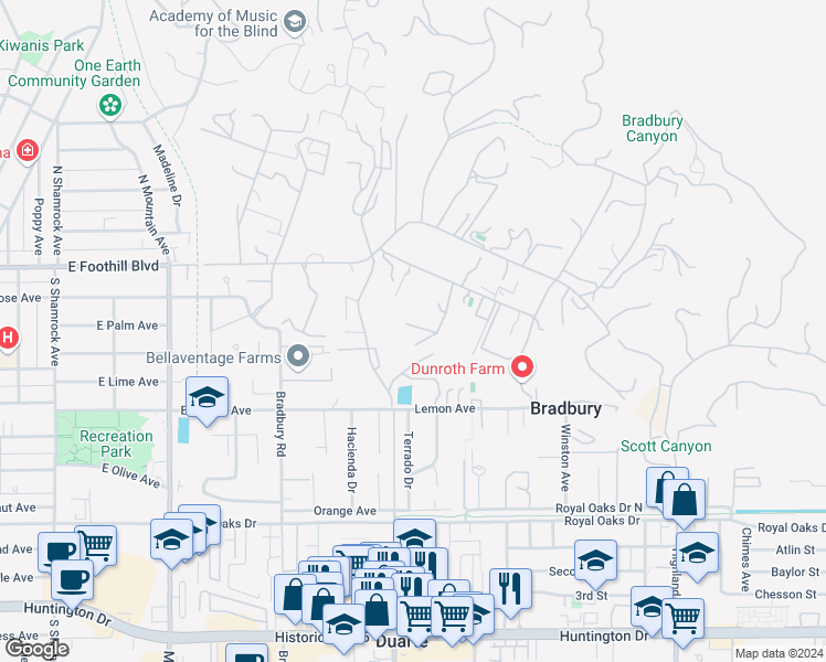 map of restaurants, bars, coffee shops, grocery stores, and more near 165 Circle Drive in Bradbury
