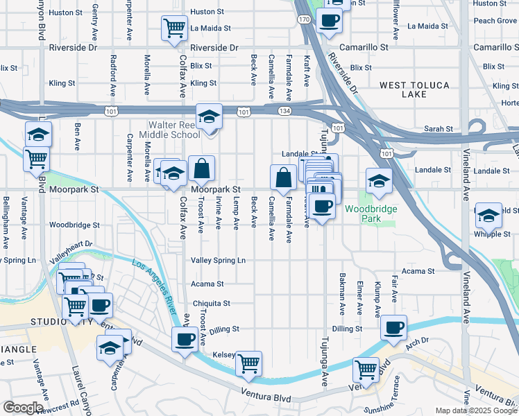 map of restaurants, bars, coffee shops, grocery stores, and more near 4370 Beck Avenue in Los Angeles