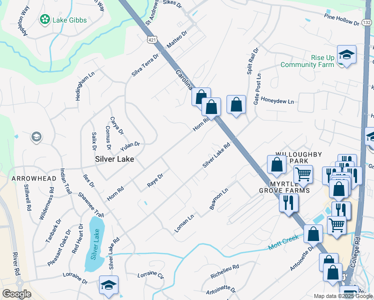 map of restaurants, bars, coffee shops, grocery stores, and more near 166 Raye Drive in Wilmington