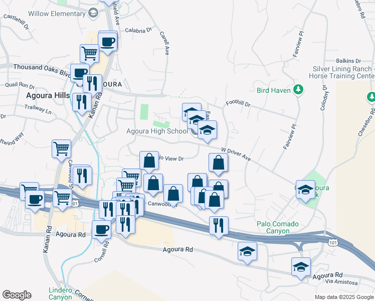 map of restaurants, bars, coffee shops, grocery stores, and more near 28541 Conejo View Drive in Agoura Hills