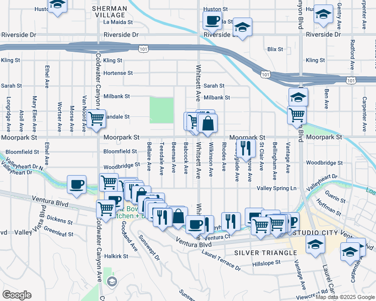 map of restaurants, bars, coffee shops, grocery stores, and more near 4307 Whitsett Avenue in Los Angeles