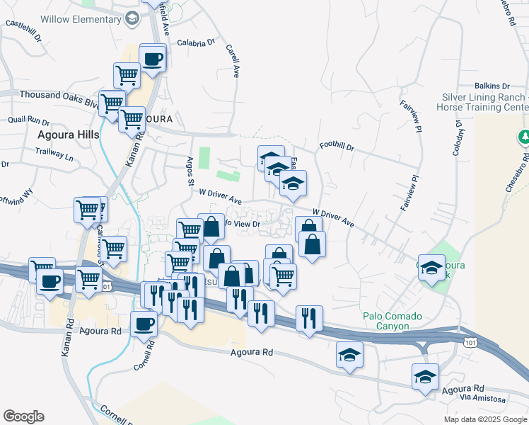 map of restaurants, bars, coffee shops, grocery stores, and more near 28521 Conejo View Drive in Agoura Hills