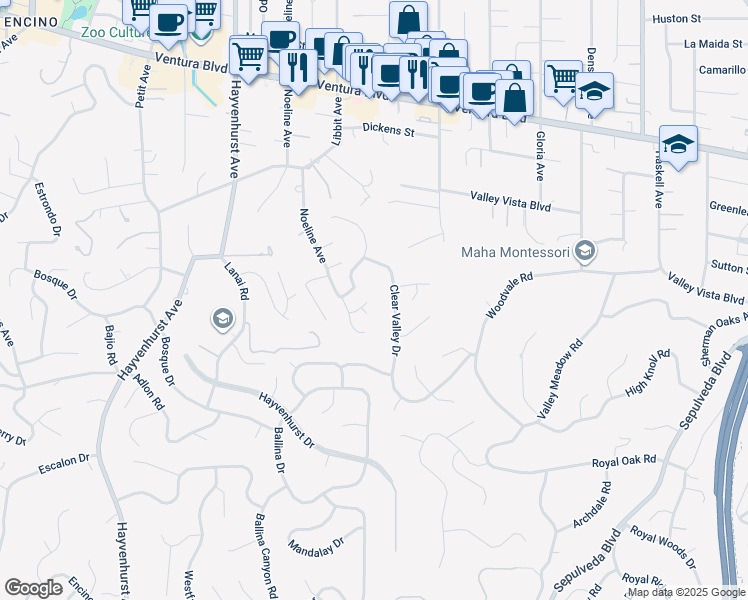map of restaurants, bars, coffee shops, grocery stores, and more near 16224 Elisa Place in Los Angeles